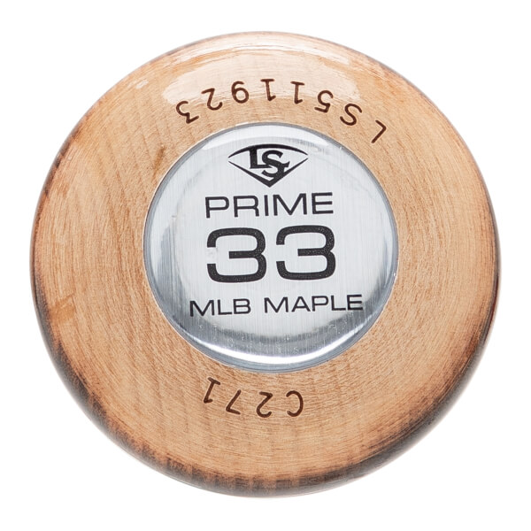 Top-down view of a natural wood baseball bat end with a silver cap featuring PRIME 33 MLB MAPLE and the LS logo.