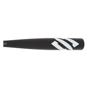 Side view of a black baseball bat with white diagonal stripes and 2 1/4 IN text.