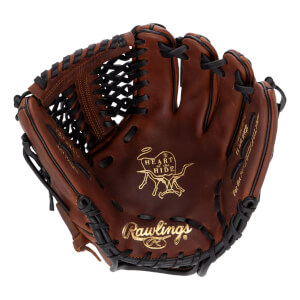 Front view of a brown baseball glove with gold Rawlings and Heart of the Hide logos.