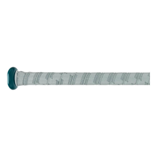 Side view of a teal baseball bat with a white grip featuring repeating Marucci text.