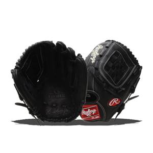 Front view of a black Rawlings Gamer baseball glove with white stitching and a red Rawlings logo patch.