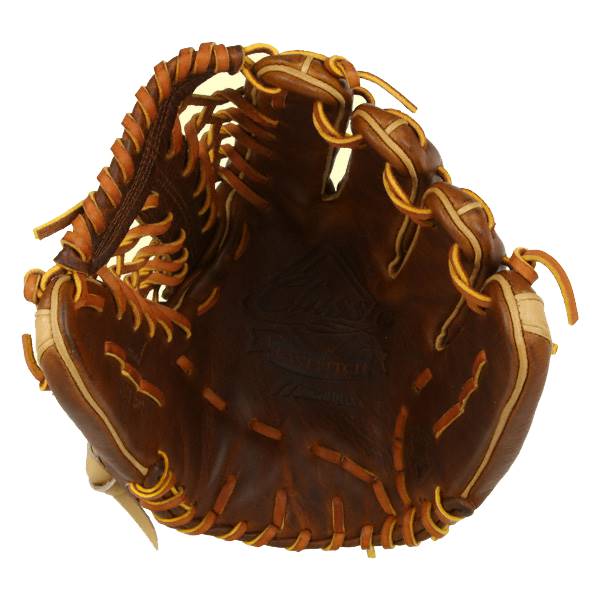 Interior view of a brown Mizuno Classic Fastpitch Series glove with tan accents and yellow lacing.