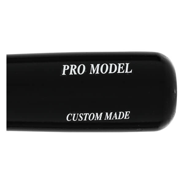 Side view of a black baseball bat with PRO MODEL and CUSTOM MADE text.