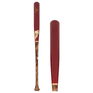 Side view of a dark red baseball bat with a natural wood handle and gold B45 logo, with a separate close-up of its red barrel.