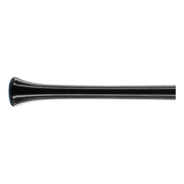 Side view of a black baseball bat with a flared knob and smooth barrel.