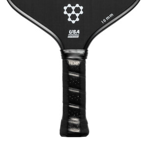 Top-down view of a black pickleball paddle with a white honeycomb logo, USA PICKLEBALL APPROVED text, and 16 mm marking.