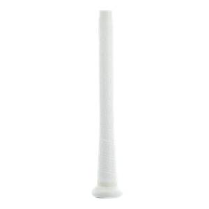 Side view of a white baseball bat with a textured grip and a rounded knob.