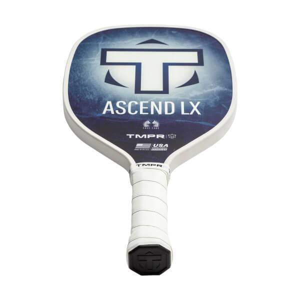 Front view of a white pickleball paddle with a blue and white graphic, ASCEND LX text, and a white grip.