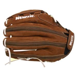 Side view of a brown baseball glove with white lacing and WORTH branding.
