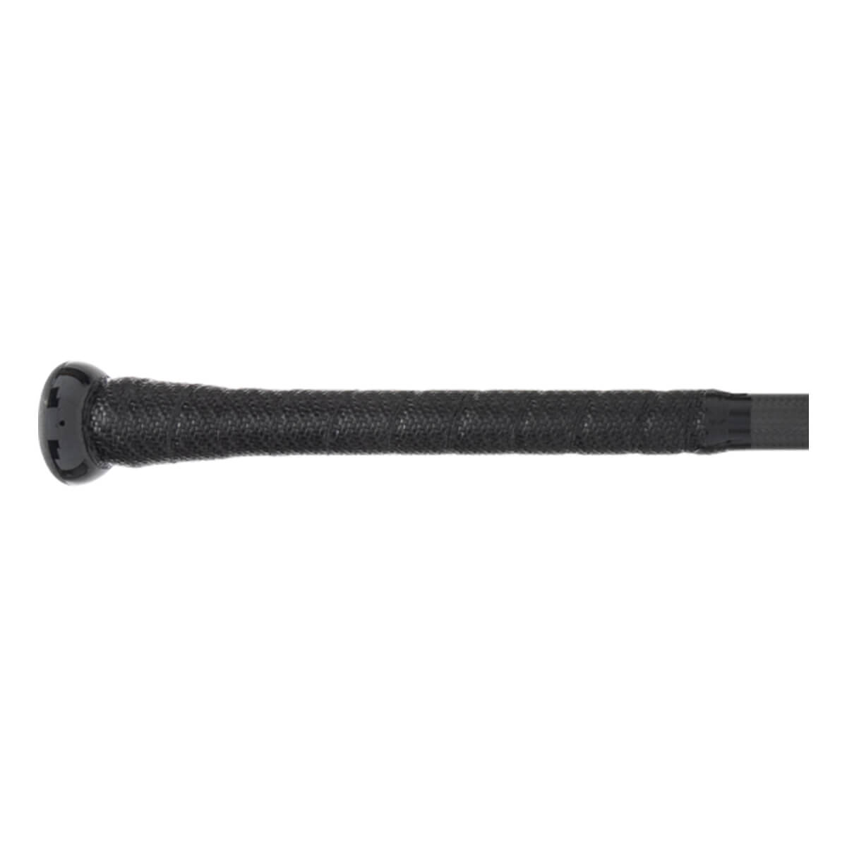Side view of a black baseball bat with a textured grip and black end cap.