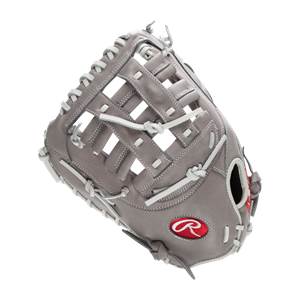 Top-down view of a gray softball first base mitt with white lacing and a red Rawlings logo.