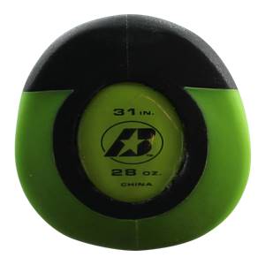 End view of a black and green baseball bat with 31 IN. and 28 oz. text and a star logo.