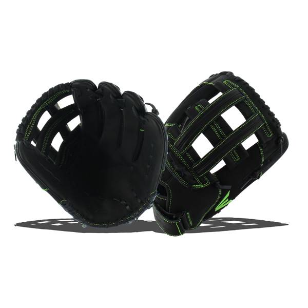 Front view of a black softball glove with green stitching and a webbed palm.