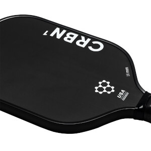 Close-up of a black CRBN pickleball paddle with CRBN 1 text, a molecular graphic, and 16 mm USA PICKLEBALL APPROVED text.