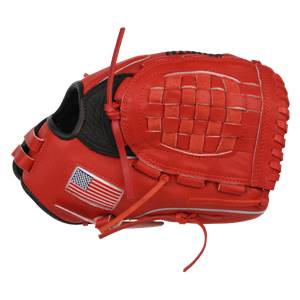 Side view of a scarlet baseball glove with a woven palm and an American flag patch.
