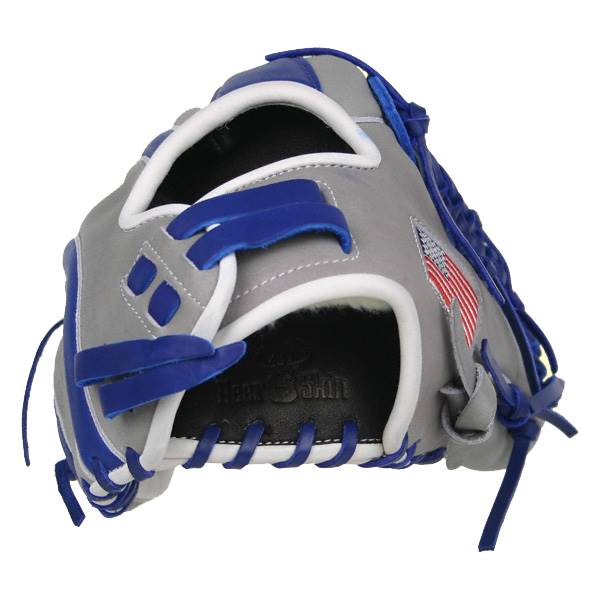 Front view of a gray and blue baseball glove with white trim and an American flag patch.