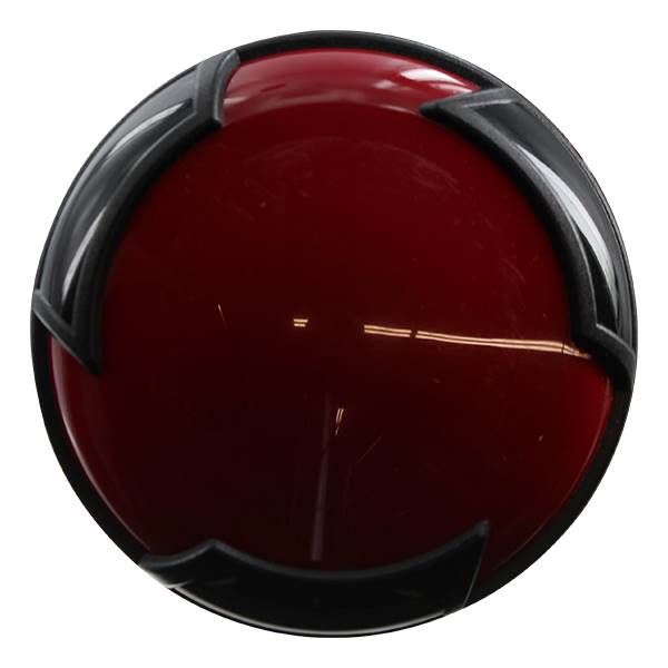 Top-down view of a red baseball bat end cap with black accents.