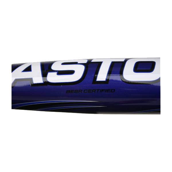 Close-up of a blue Easton baseball bat with white lettering and BESR CERTIFIED text.