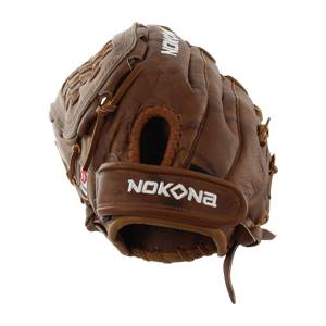 Top-down view of a brown Nokona softball glove with white Nokona branding and a laced web.
