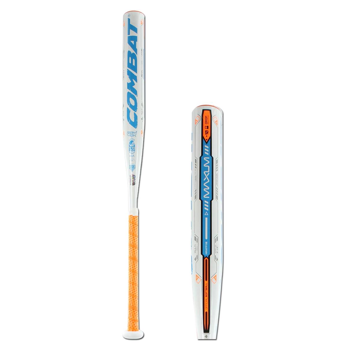 Side view of a white fastpitch softball bat with orange grip and blue COMBAT text.