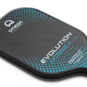 Corner view of a black pickleball paddle with blue dots and EVOLUTION EXTREME X text.