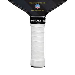 Close-up of a white pickleball paddle grip with black PROLITE branding and USAPA APPROVED text.