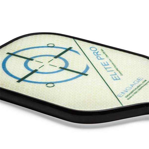 Top-down view of a white pickleball paddle with blue target and green lines, ELITE PRO and ENGAGE text.