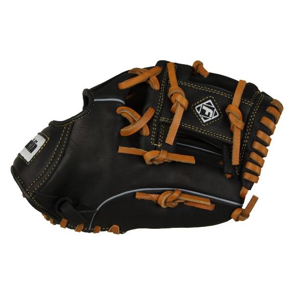 Top-down view of a black baseball glove with tan lacing and a diamond logo.