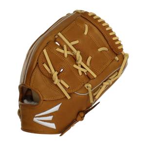 Top-down view of a brown baseball glove with tan lacing and a white Easton logo.