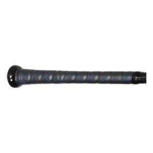 Side view of a black baseball bat with a textured grip and blue stitching.