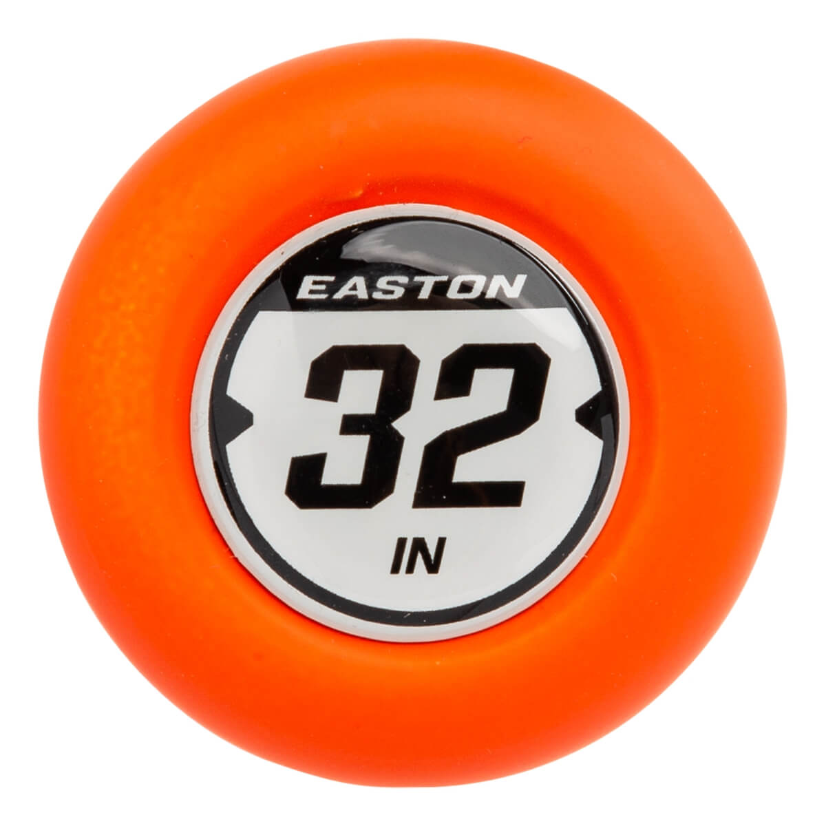 Top-down view of an orange baseball bat with EASTON and 32 IN branding.