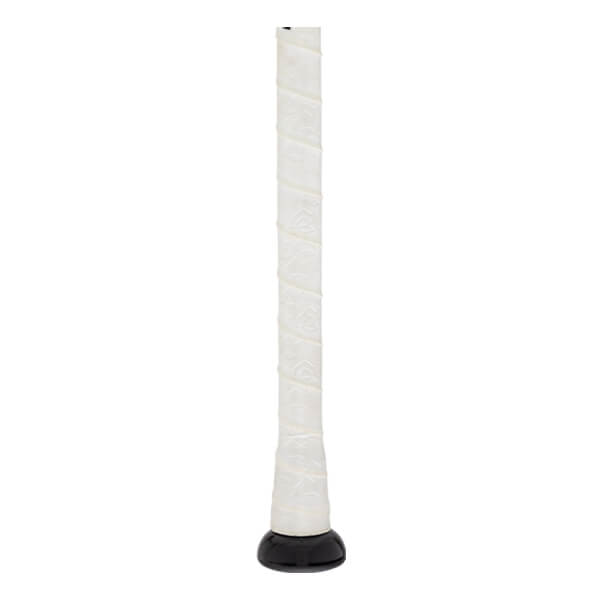Side view of a white baseball bat grip with a black knob and embossed pattern.