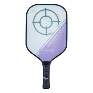 Front view of a white pickleball paddle with a target design, ENCORE EX 6.0 text, and a black grip.