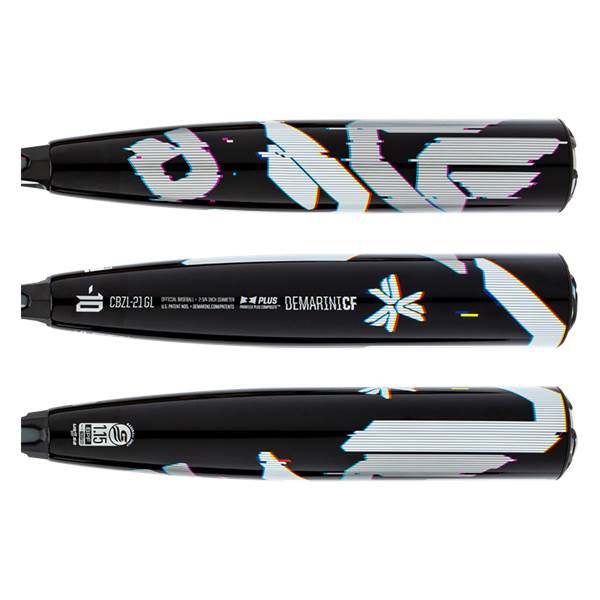 Side view of a black baseball bat with glitch graphics and DEMARINICF text.