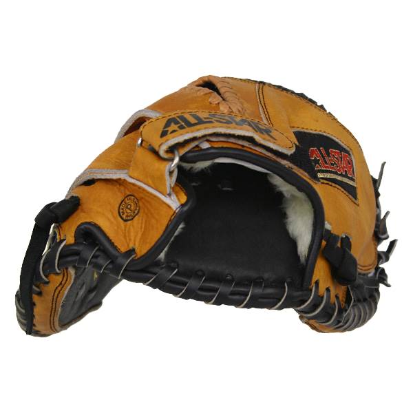Top-down view of a tan catchers mitt with black lacing and a white fur lining.