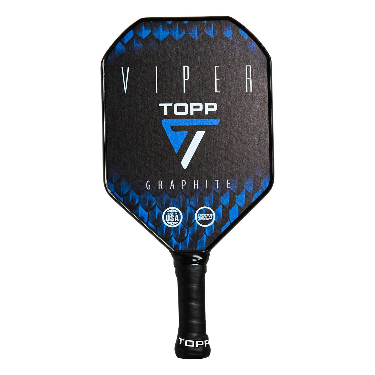 Front view of a black pickleball paddle with blue geometric accents, VIPER, TOPP, and GRAPHITE text.
