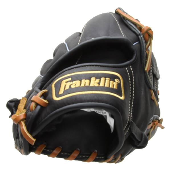 Close-up of a black baseball glove with tan lacing and a gold Franklin logo.