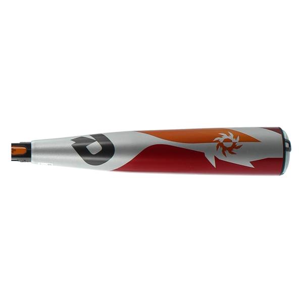 Side view of a silver, red, and orange baseball bat with a black DeMarini logo and a sunburst graphic.