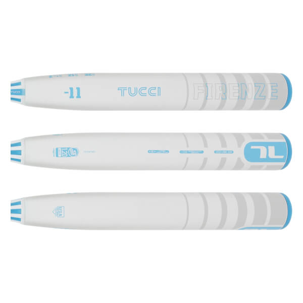 Multiple side views of a white and light blue fastpitch softball bat with TUCCI FIRENZE text, -11 weight, and a TL logo.