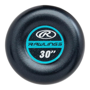 End view of a black softball bat with Rawlings logo and 30 size.