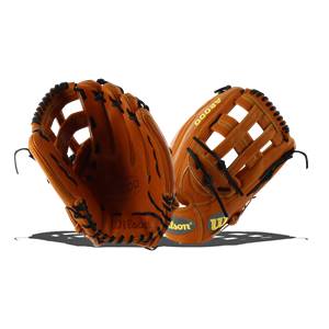 Front view of a brown baseball glove with black lacing and Wilson and A2000 text.