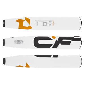 Multiple views of a white baseball bat with black and orange CF branding and -8 USSSA markings.