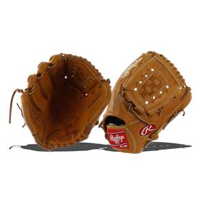 Two views of a tan baseball glove with Rawlings branding and a webbed pocket.