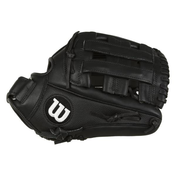 Side view of a black baseball glove with a white W logo and woven finger inserts.