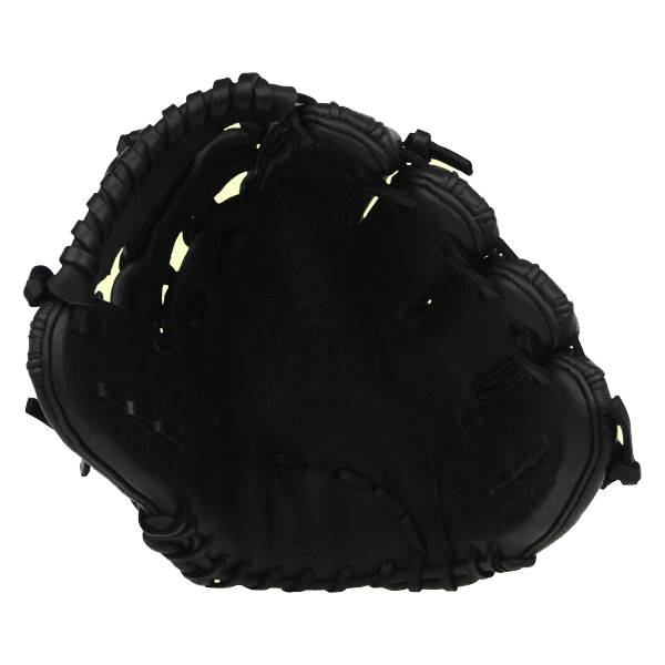 Top-down view of a black baseball glove with a deep pocket and laced finger stalls.