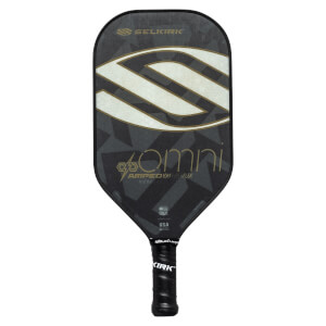 Front view of a black pickleball paddle with a large white S graphic, OMNI text, and Selkirk branding.