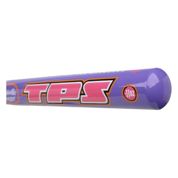 Side view of a purple fastpitch softball bat with pink TPS branding and a 11oz label.