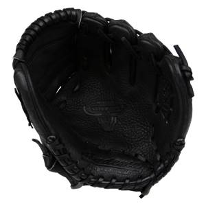 Inside view of a black baseball glove with STEER HIDE and Akadema Professional embossed.
