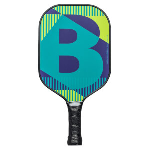 Front view of a Baddle Junior pickleball paddle with a large blue B graphic, teal and yellow geometric patterns, and a black grip.