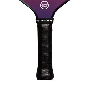 Close-up of a black pickleball paddle grip with Vulcan branding and USAPA Approved logo.